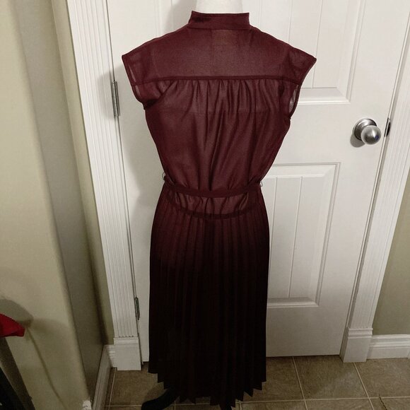 SEARS Vintage maroon short-sleeve sheer pleated dress w/ tie waist MEDIUM LARGE - Picture 12 of 12